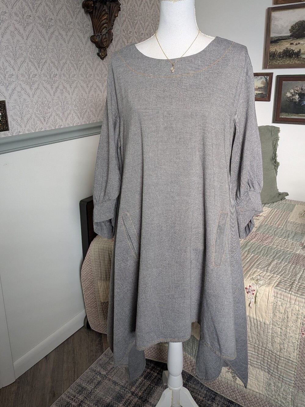 Uncle Frank 100% Cotton Gray Lagenlook Swing Midi Dress M